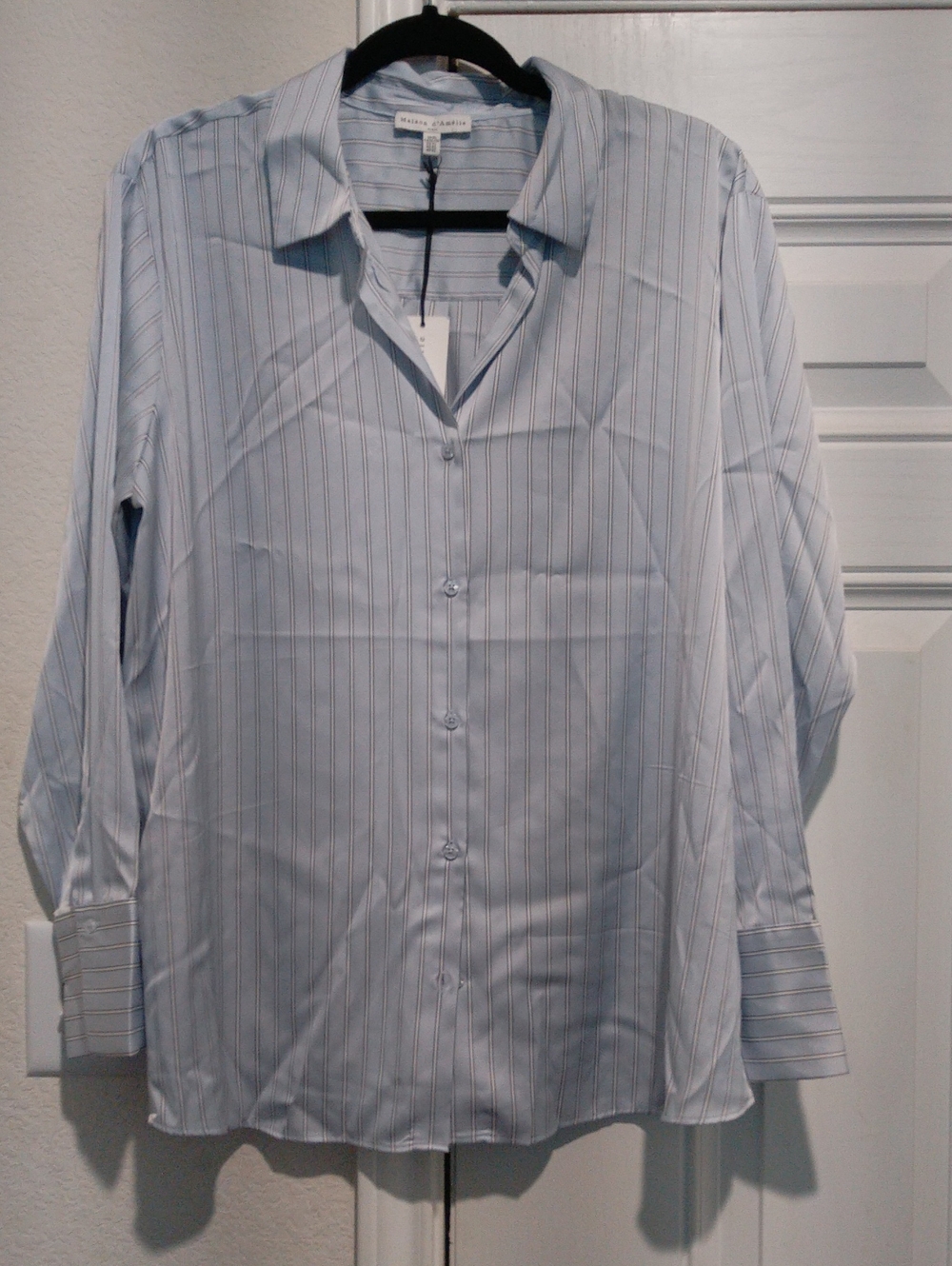 Maison D'amelie Paris Light Blue Pinstripe Button Down Blouse Women's Size XL